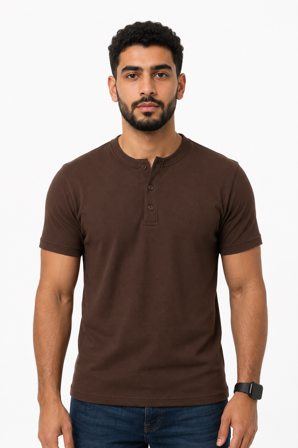 BROWN HENLEY NECK T-SHIRT