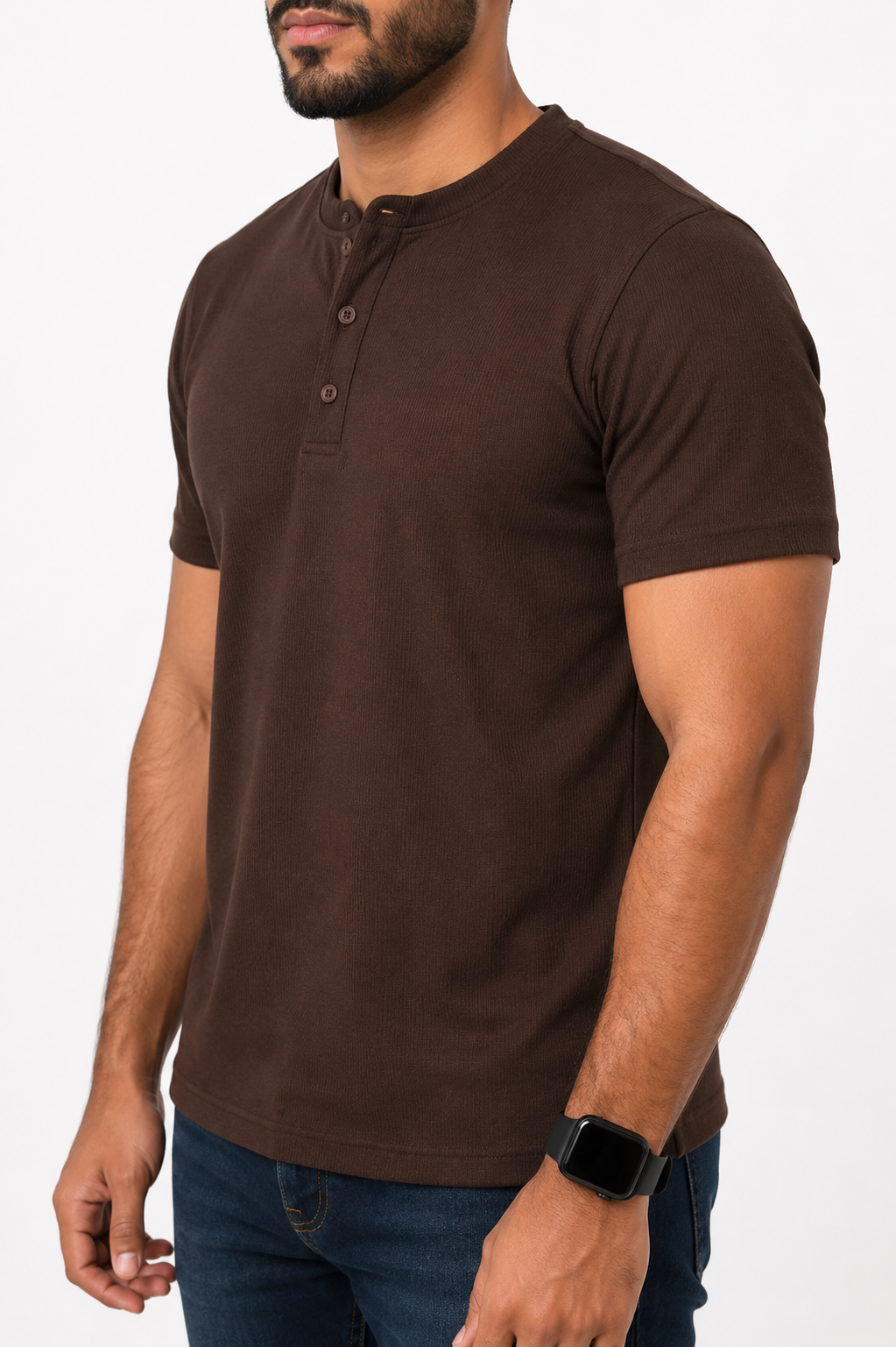 BROWN HENLEY NECK T-SHIRT
