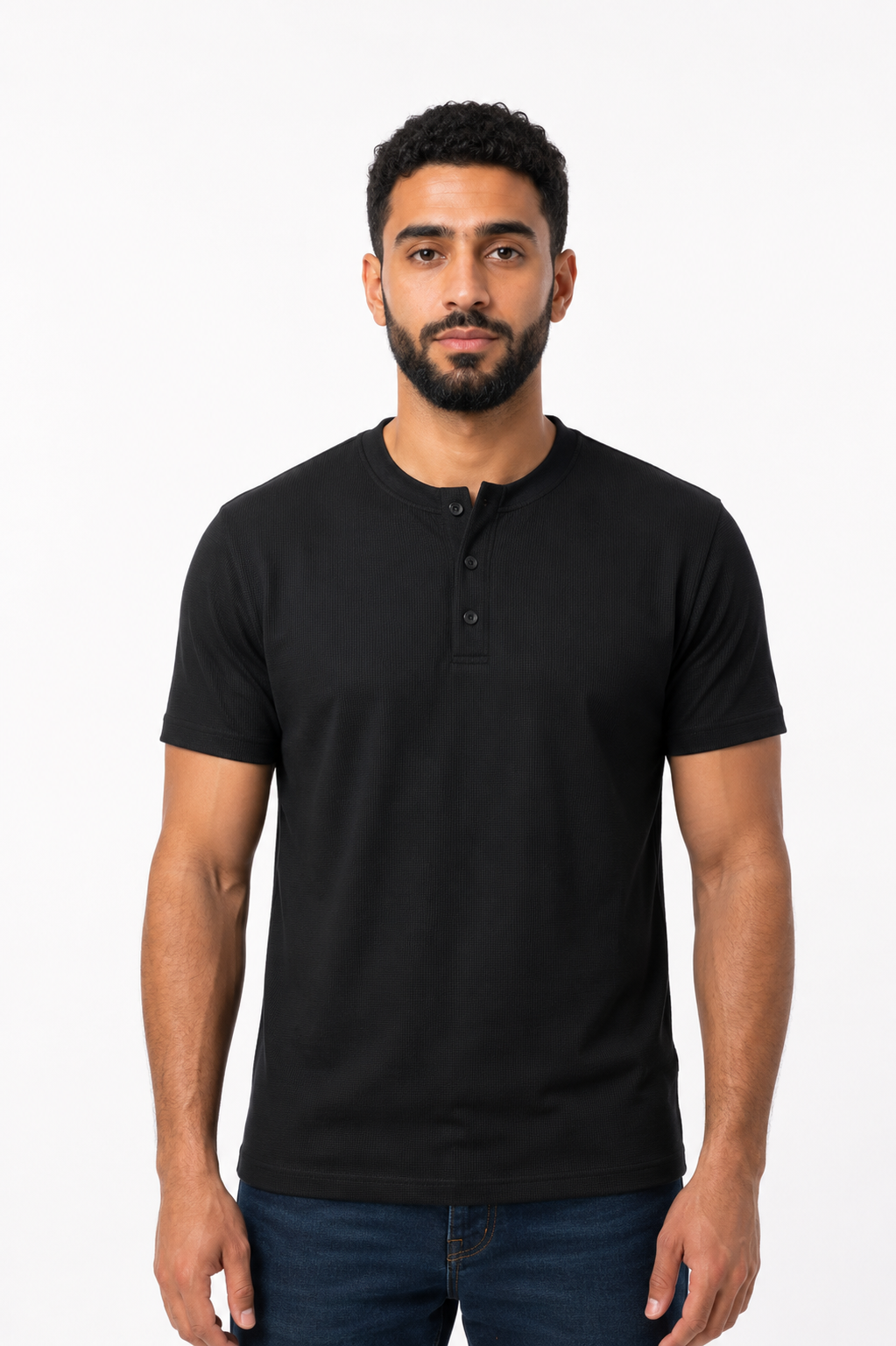 BLACK HENLEY NECK T-SHIRT