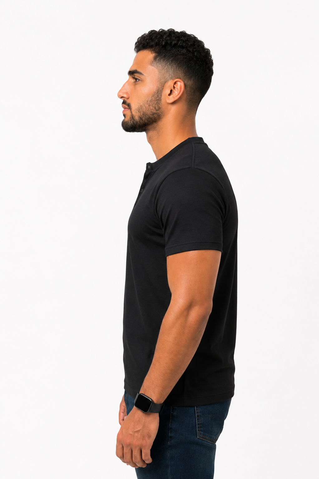 BLACK HENLEY NECK T-SHIRT