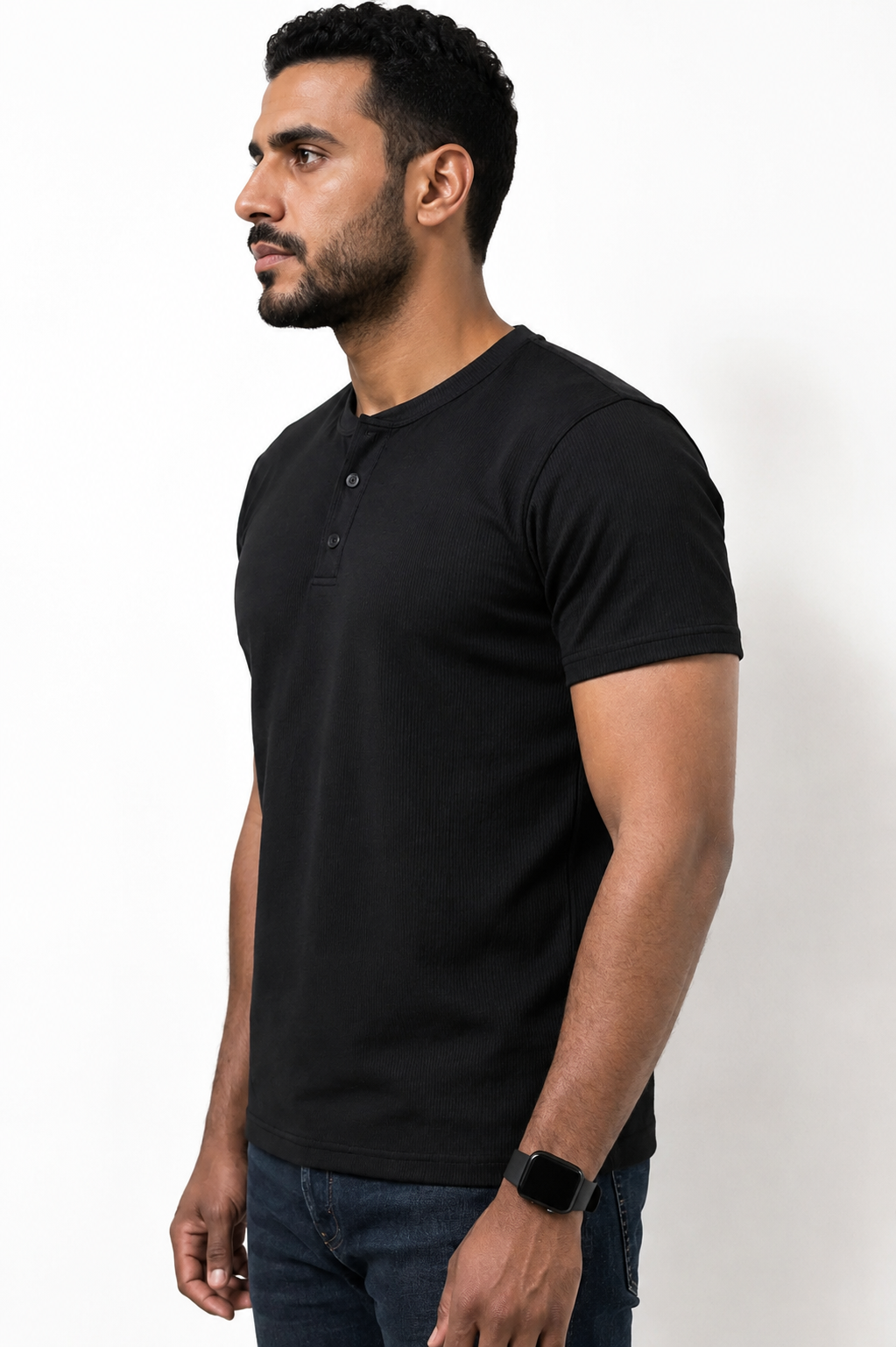 BLACK HENLEY NECK T-SHIRT