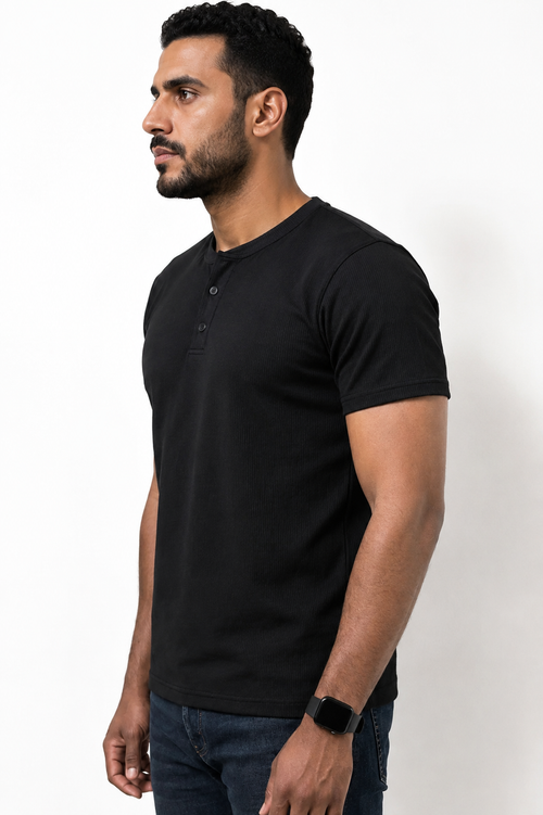 BLACK HENLEY NECK T-SHIRT
