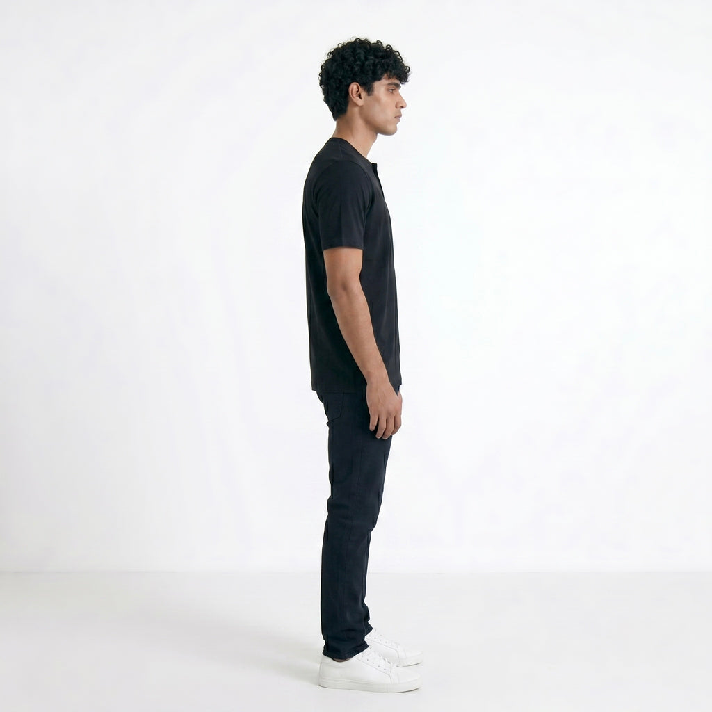 BLACK HENLEY NECK T-SHIRT