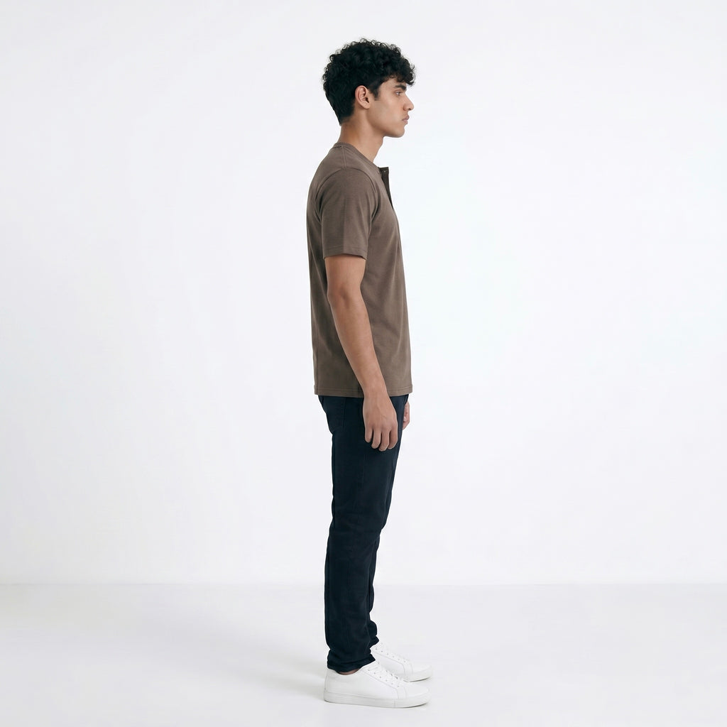 BROWN HENLEY NECK T-SHIRT