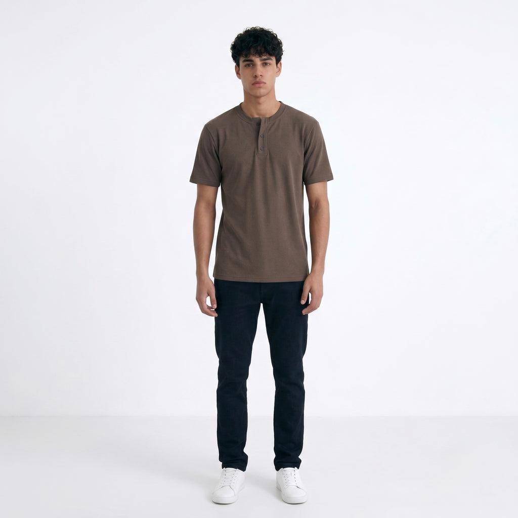 BROWN HENLEY NECK T-SHIRT
