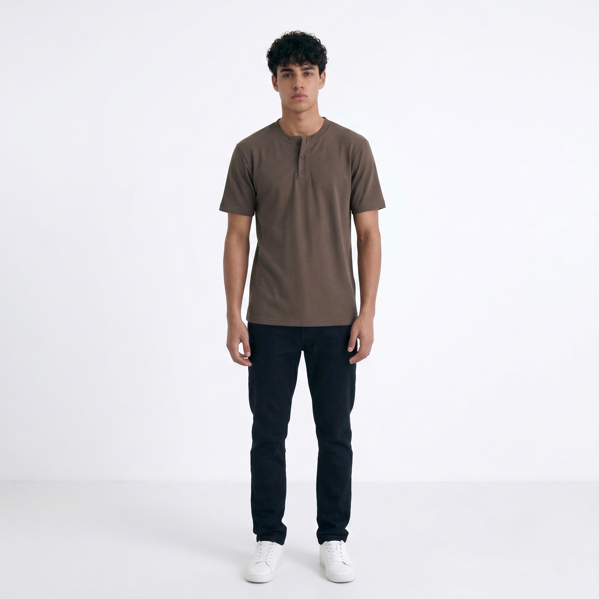 BROWN HENLEY NECK T-SHIRT