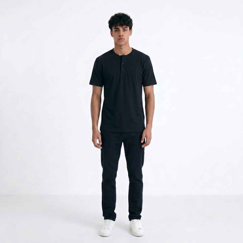 BLACK HENLEY NECK T-SHIRT