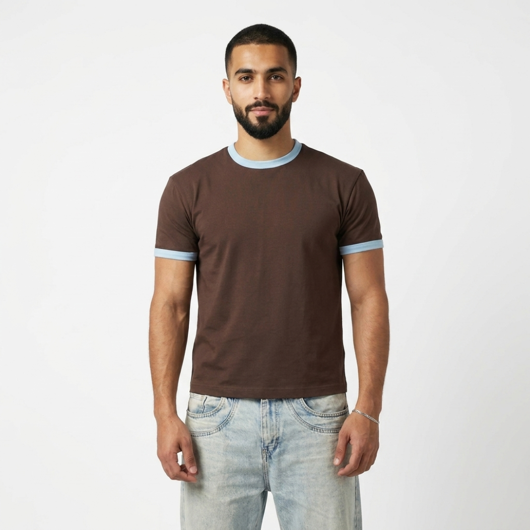 BROWN CROPPED RINGER T-SHIRT