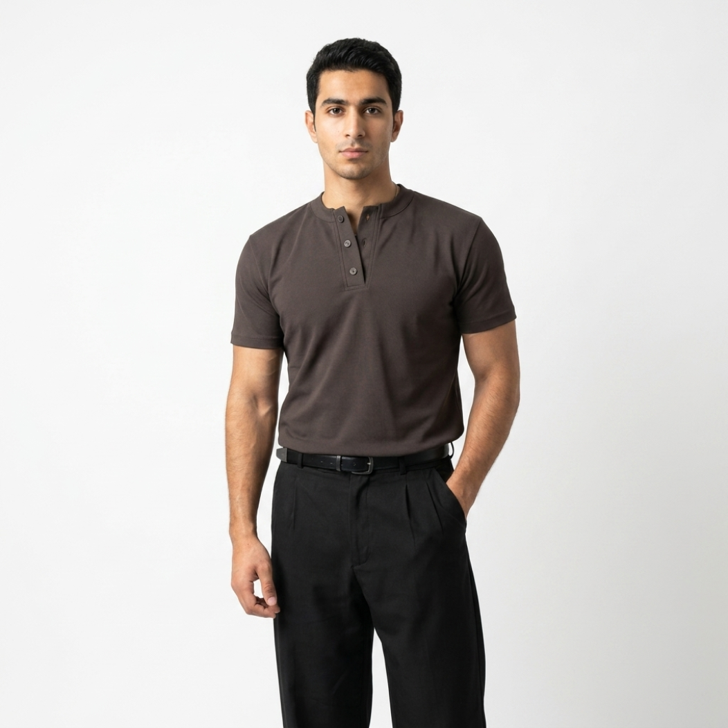 BROWN REGULAR HENLEY T-SHIRT
