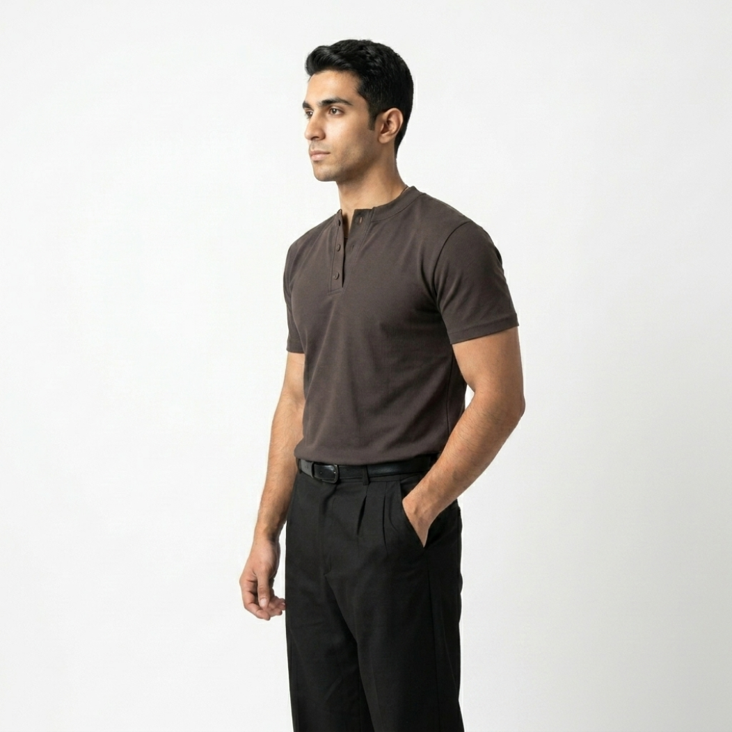 BROWN REGULAR HENLEY T-SHIRT