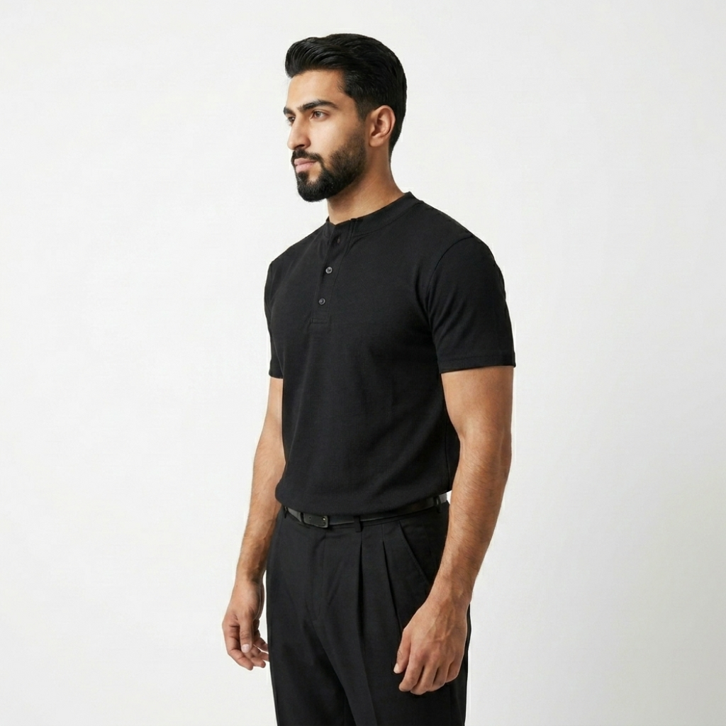 BLACK REGULAR HENLEY T-SHIRT
